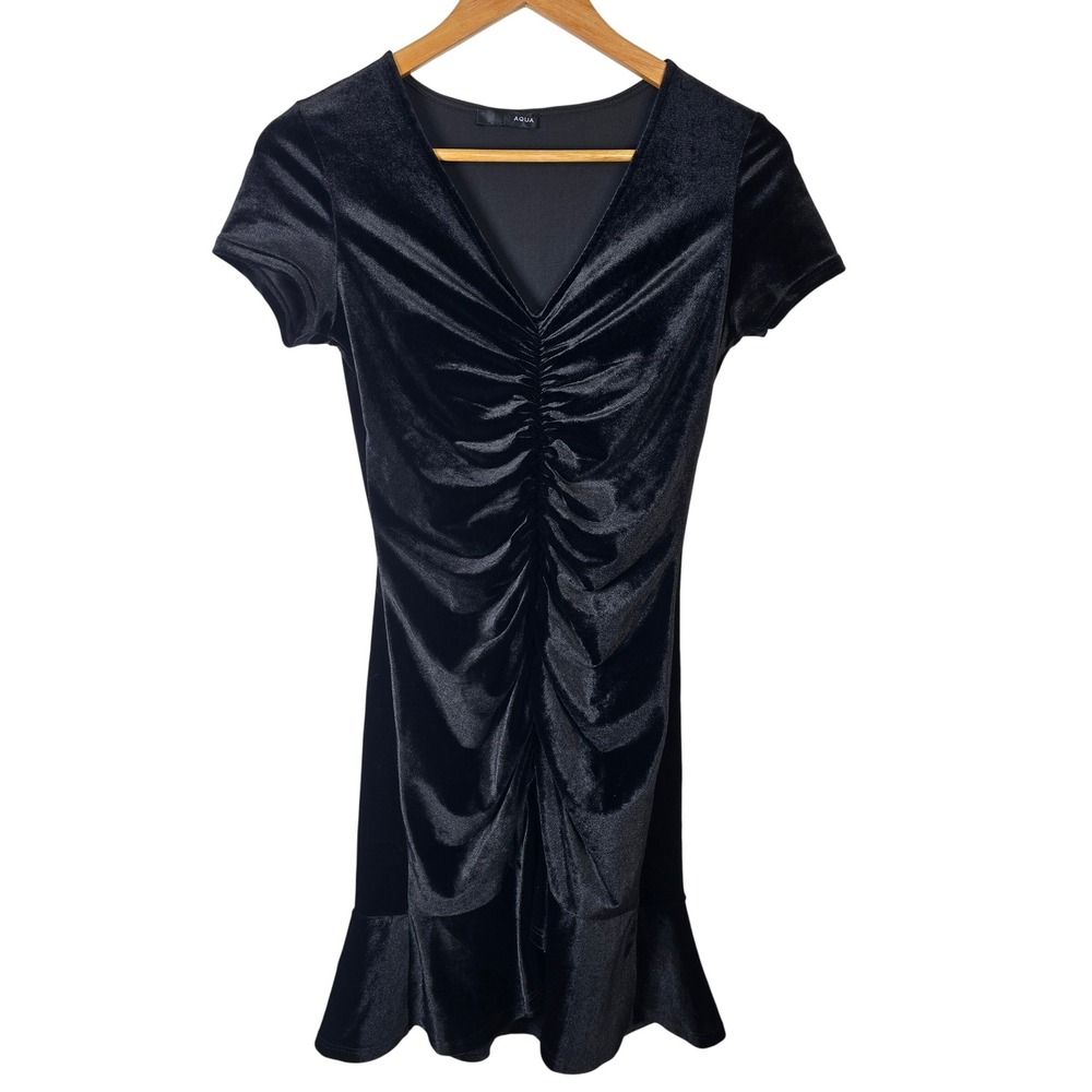 Aqua Black Velvet Dress Short Sleeve V Neck Ruched Bodycon Mini Flounce Hem‎
